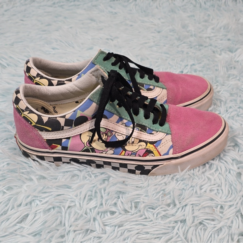 Disney x Vans Old Skool 80s Mickey Pink Teal Checkerboard Sneakers Men 7 Women 8